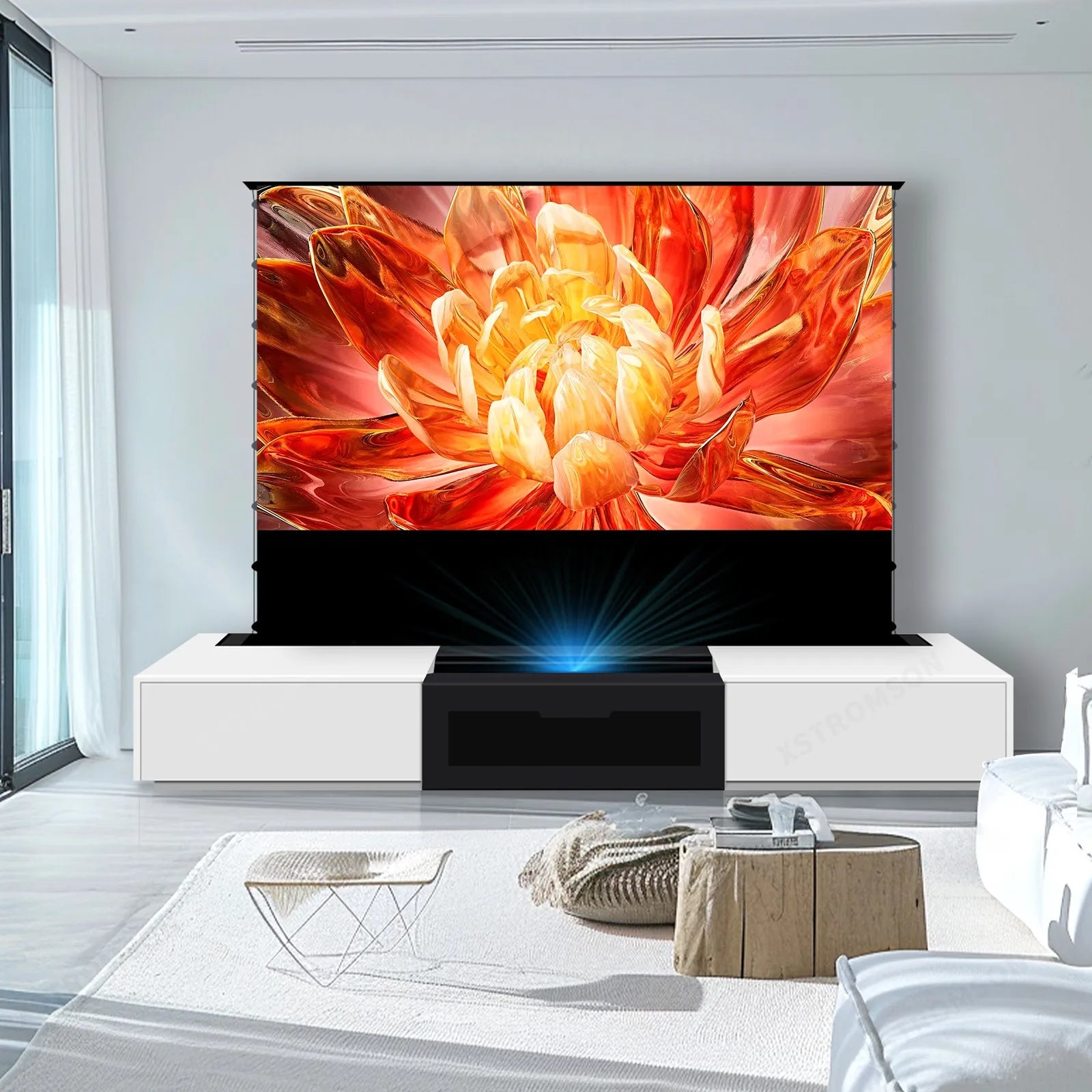2025 MAX 120 inch Intelligent Laser TV Projector Screen TV Cabinet+Motorized Floor Rising UST Projection Screen For Home Theater