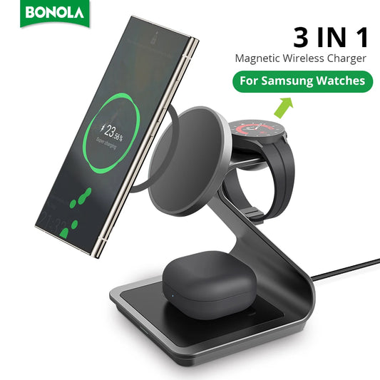 BONOLA 3-in-1 Magnetic Wireless Charging Station | 25W Fast Charger for Samsung S24 Ultra, S23, Galaxy Watch 7/6/5, Earbuds