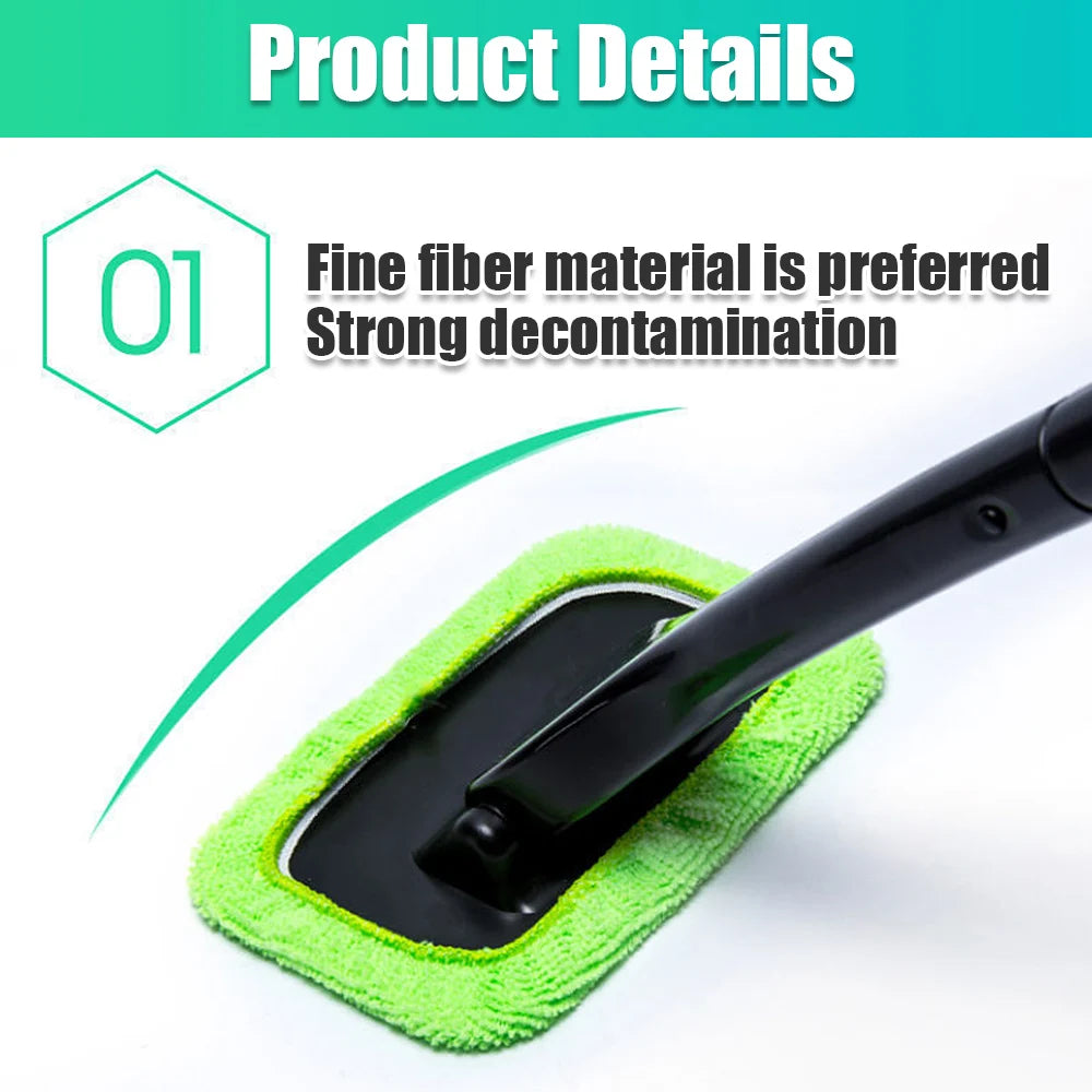 Window Cleaner Brush Kit with Long Handle - Microfiber Windshield Cleaning Tool for Car Interior Detailing and Home Use