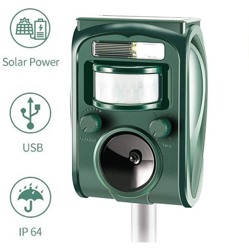 Solar-Powered Ultrasonic Animal Repeller – Outdoor PIR Sensor Pest Control for Garden, Repels Mice, Birds, Bats, and More