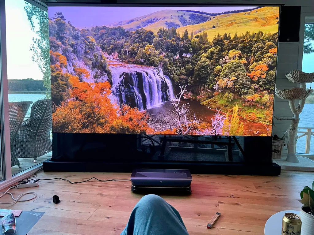 120 inch Laser TV ALR Projector Screen Motorized Floor Rising PET Crystal UST ALR Projection Screen For 4K Ultra Short Projector