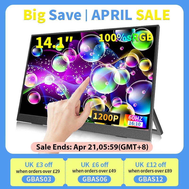 14.1 Inch Touch Screen Portable Monitor 100%sRGB 400cd/m2 Gaming Computer Expand Display For XBox PS4/ 5 Switch Loptop