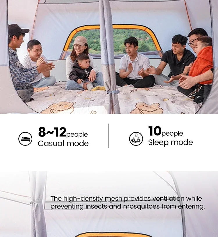 XIAOTREE Outdoor Family Camping Tent - Oversized Double-Layer 2-Room Tent for 3-12 People, Thickened Rainproof Design for Outdoor Adventures