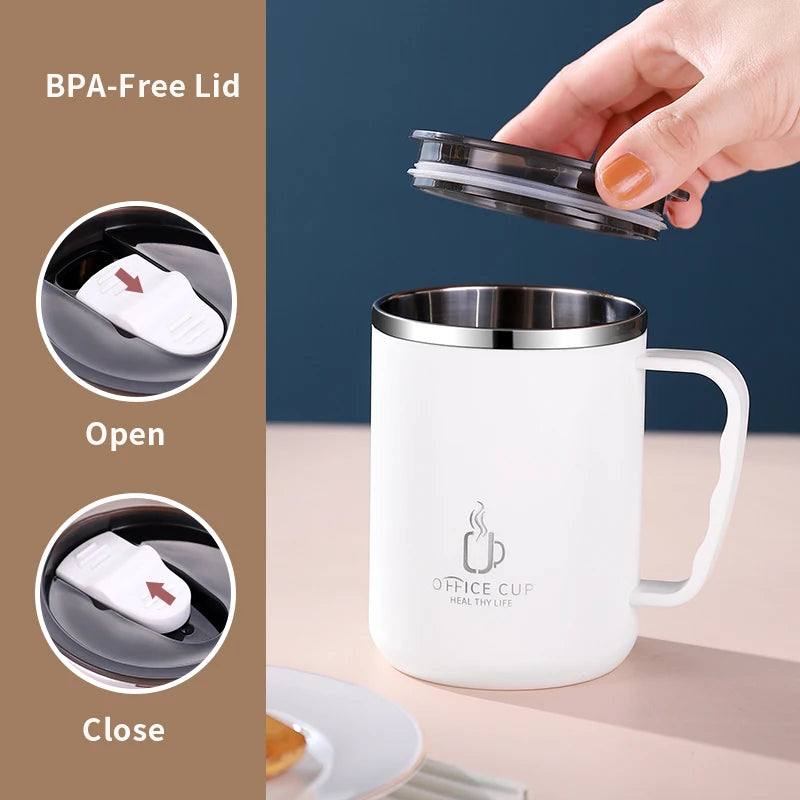 500ml/17oz 304 Stainless Steel Insulated Water Bottle – Double-Layer Coffee Mug with Handle and Plastic Lid