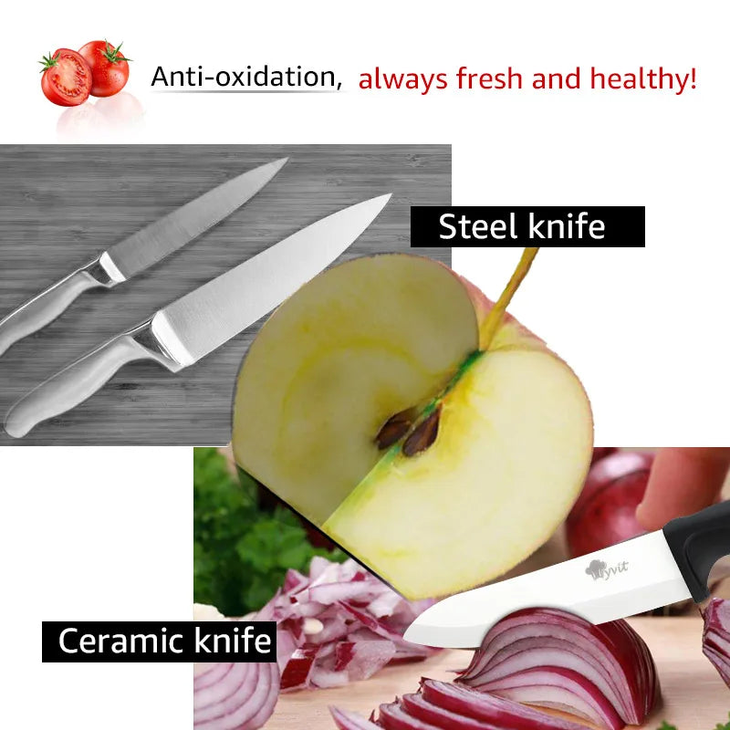 MYVIT Ceramic Knife Set – 3, 4, 5, 6-Inch Chef, Utility, Slicer, and Paring Knives with Peeler (Zirconia Blade)