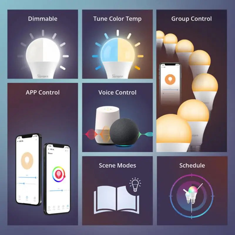 SONOFF Smart LED Bulbs (B02-B-A60/B05-BL-A60) – 9W dimmable Wi-Fi bulbs with eWeLink app control; works with Alexa and Google Home.