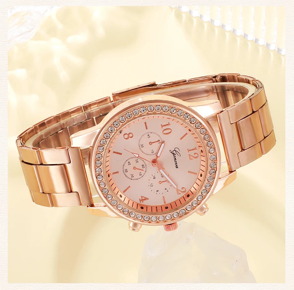 CADVAN HQ8207 Rose Gold Luxury Women's Watch Set - 6PCS Fashion Jewelry Set with Watch, Rings, Necklace, Earrings, and Bracelet