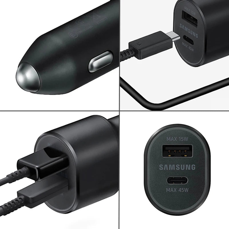 Samsung 60W Dual Port USB-C Car Charger | Super Fast Charging 45W + 15W for Galaxy S24 Ultra, S23, S22, Note 20, A53, M54