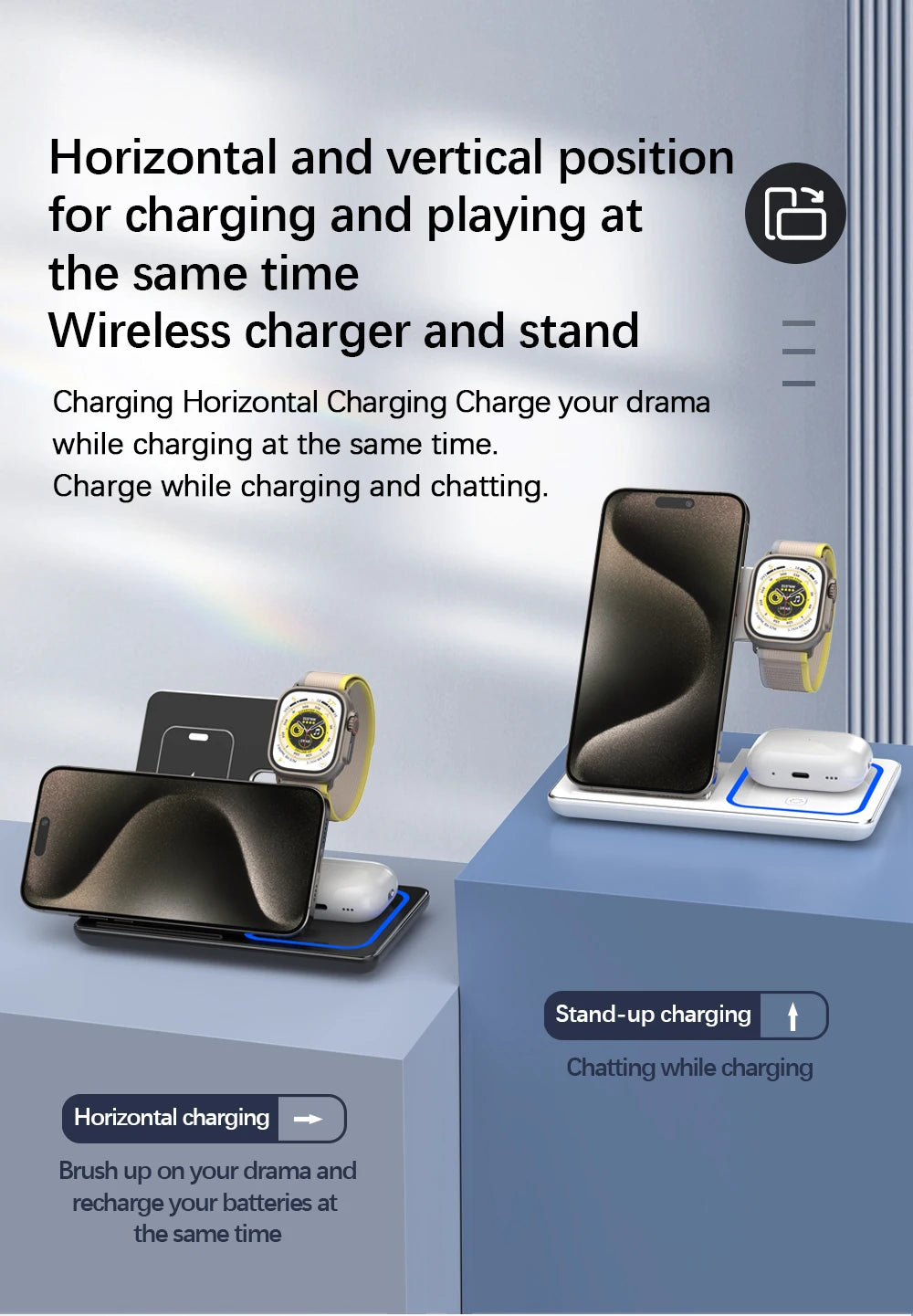 VIKEFON 30W 3-in-1 Fast Wireless Charging Station – Foldable Stand for iPhone 15/14/13/12/11, Apple Watch 9/8/7/6/5, and AirPods Pro