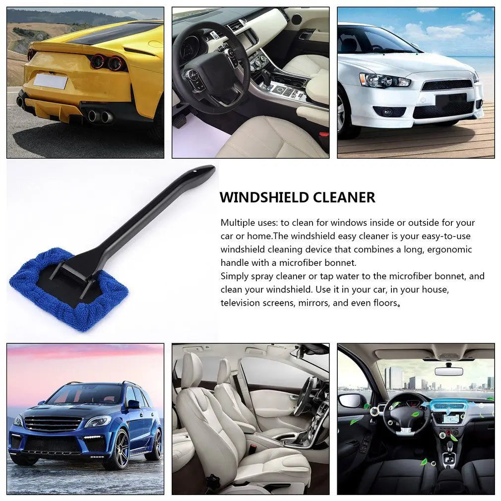 Window Cleaner Brush Kit with Long Handle - Microfiber Windshield Cleaning Tool for Car Interior Detailing and Home Use