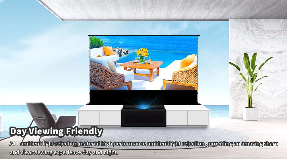 120'' Black Smart Laser TV Cabinet +UST ALR Projector Screen Motorized Floor Rising Screen for Ultra Short Throw Laser Projector