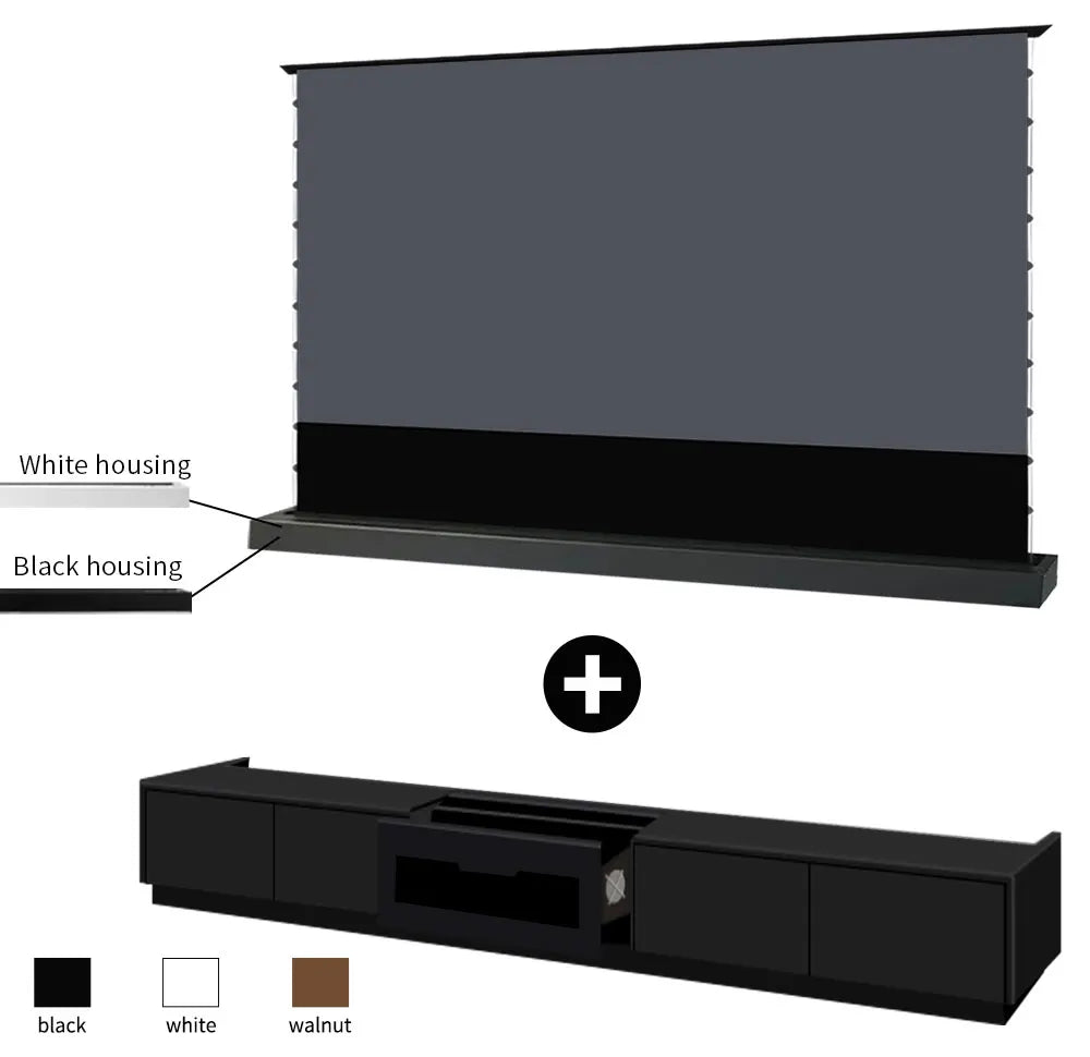 120'' Black Smart Laser TV Cabinet +UST ALR Projector Screen Motorized Floor Rising Screen for Ultra Short Throw Laser Projector