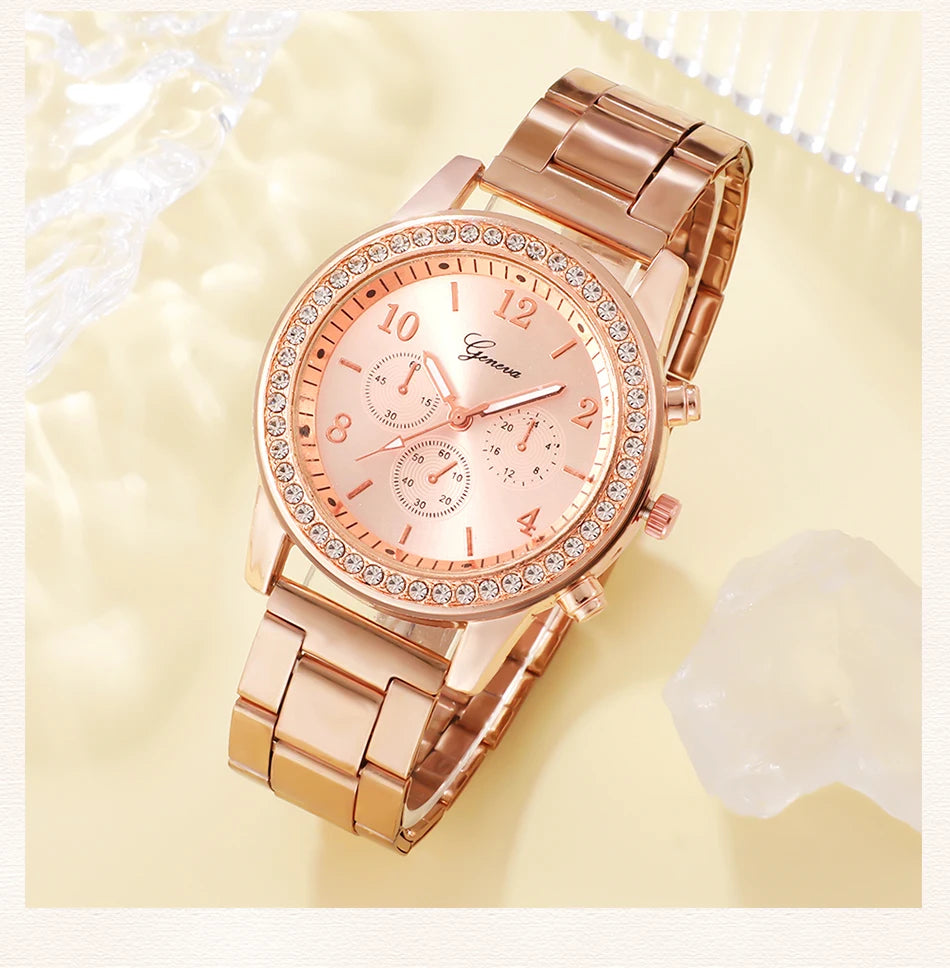 CADVAN HQ8207 Rose Gold Luxury Women's Watch Set - 6PCS Fashion Jewelry Set with Watch, Rings, Necklace, Earrings, and Bracelet