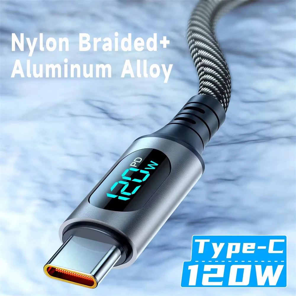 NNBILI 120W 6A Super Fast Charging USB-C Cable with LED Display | Type-C Charger for Xiaomi, Huawei, Samsung – 1M/2M Data Cord