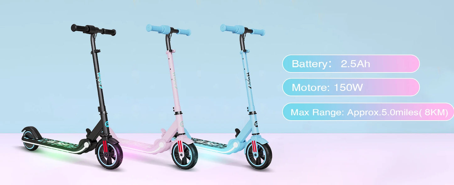 RCB Electric Scooter for Kids - 150W Motor, 9.3mph Max Speed, LED Display, Bluetooth Speaker, Foldable Design, Colorful LED Lights