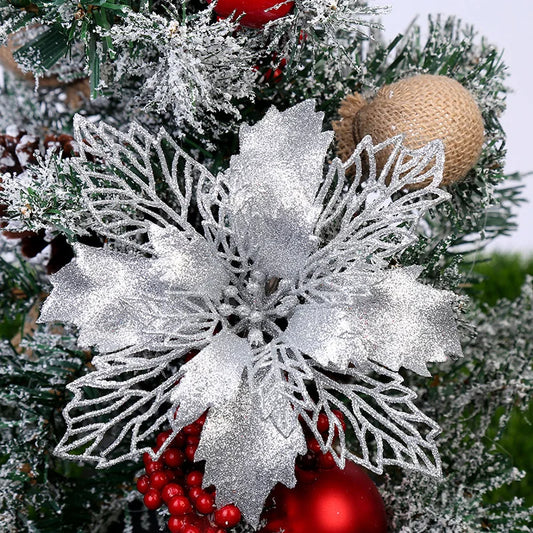 Christmas Tree Glitter Flowers | 10pcs Artificial Ornaments for Christmas 2024