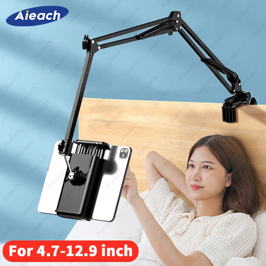 AIEACH 360° Rotating Bed Tablet Stand | Adjustable 90cm Metal Arm Holder for 4.7" to 12.9" Tablets & Phones