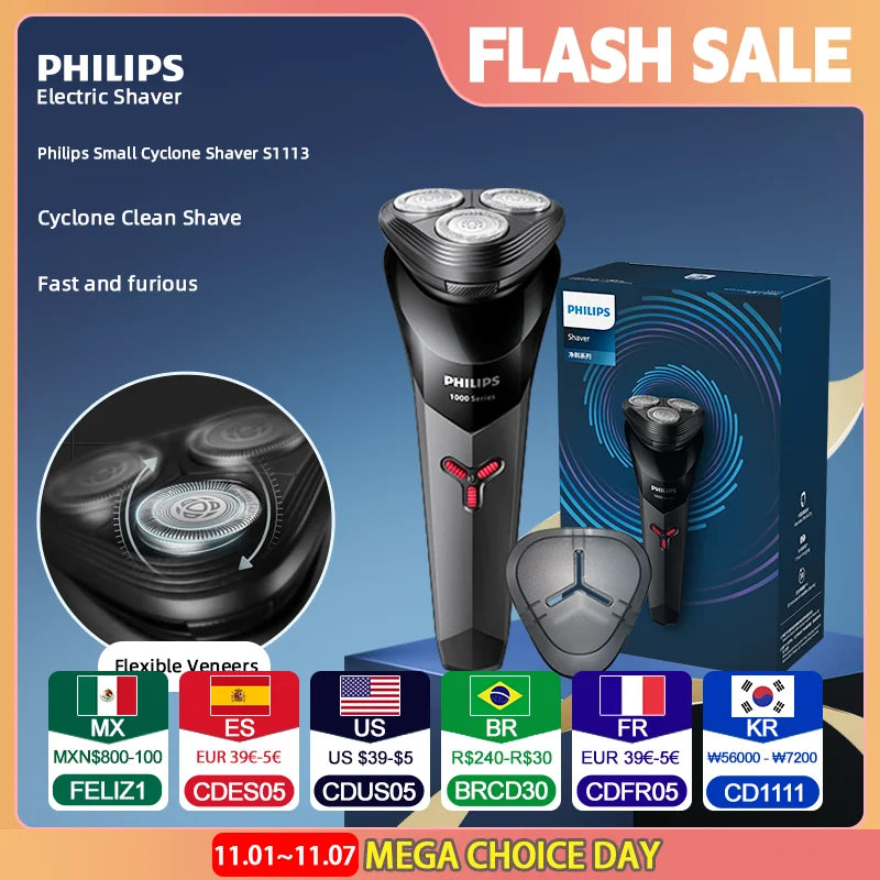 PHILIPS S1113 Electric Shaver - USB Rechargeable, Portable, Full-Body Washable Razor for Men