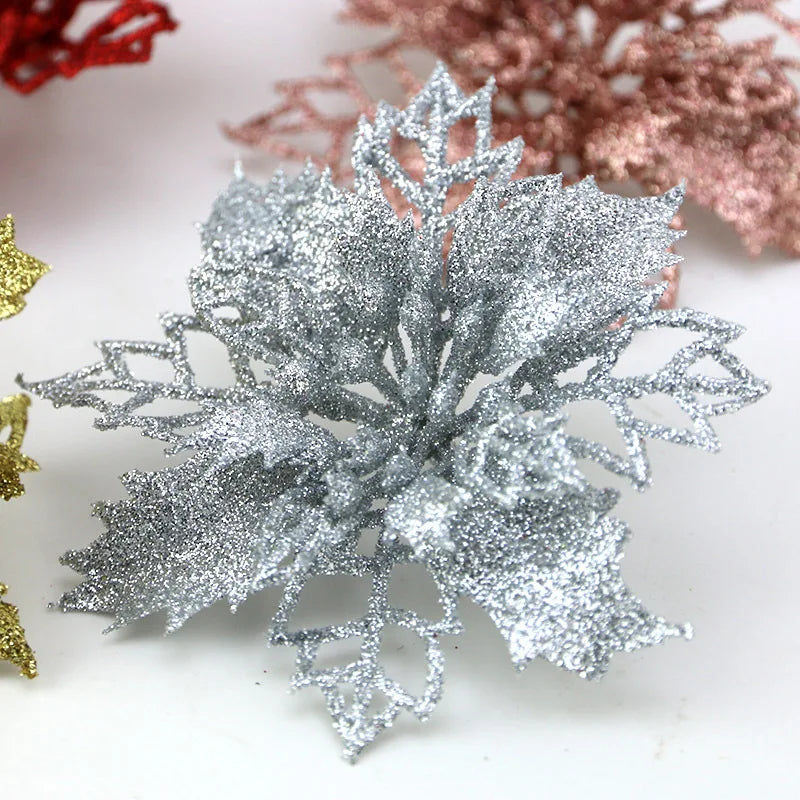 Christmas Tree Glitter Flowers | 10pcs Artificial Ornaments for Christmas 2024