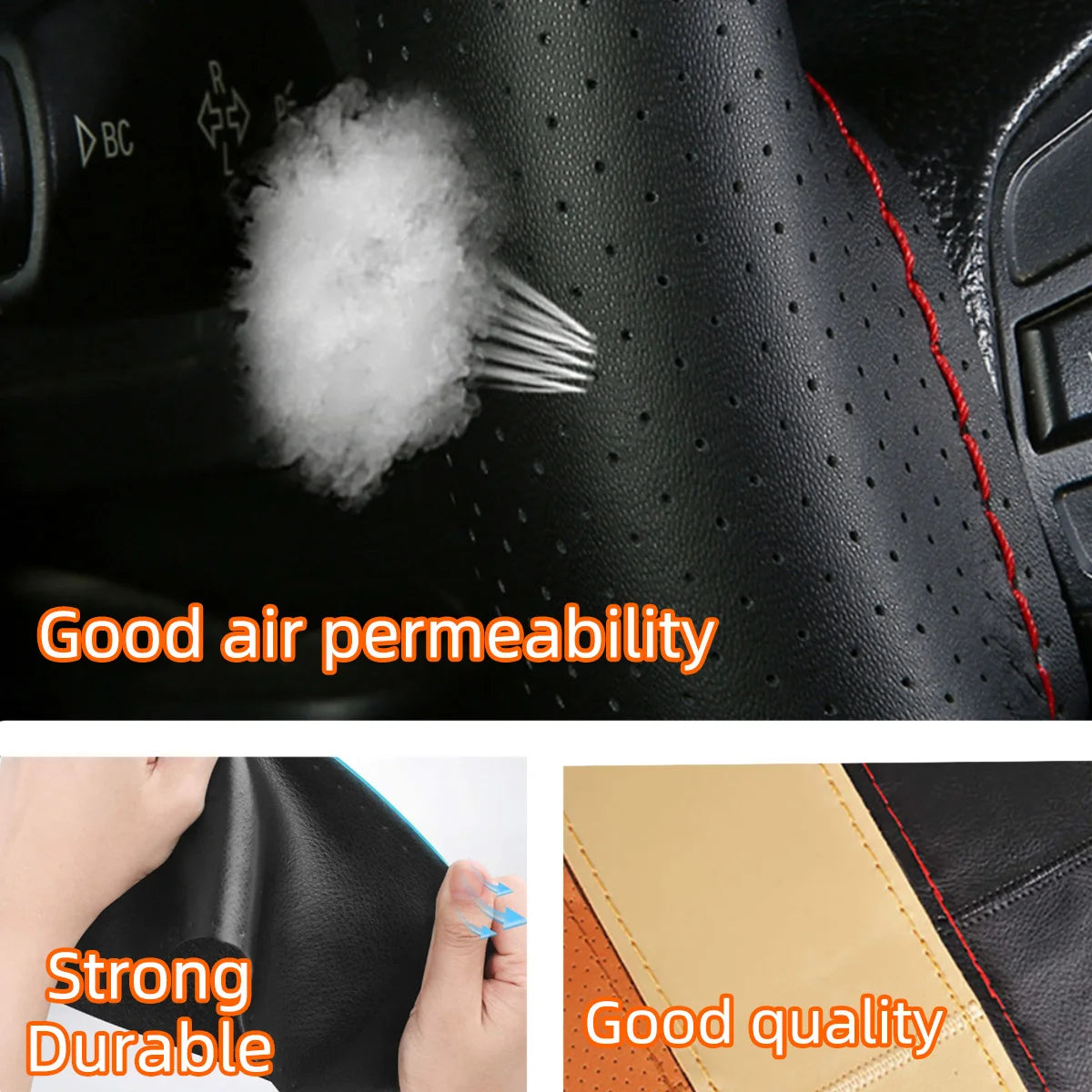 Universal Leather Car Steering Wheel Stitch On Wrap Cover Fit for 38cm 14" DIY Sewing Breathable and Anti Slip Black Grey Beige