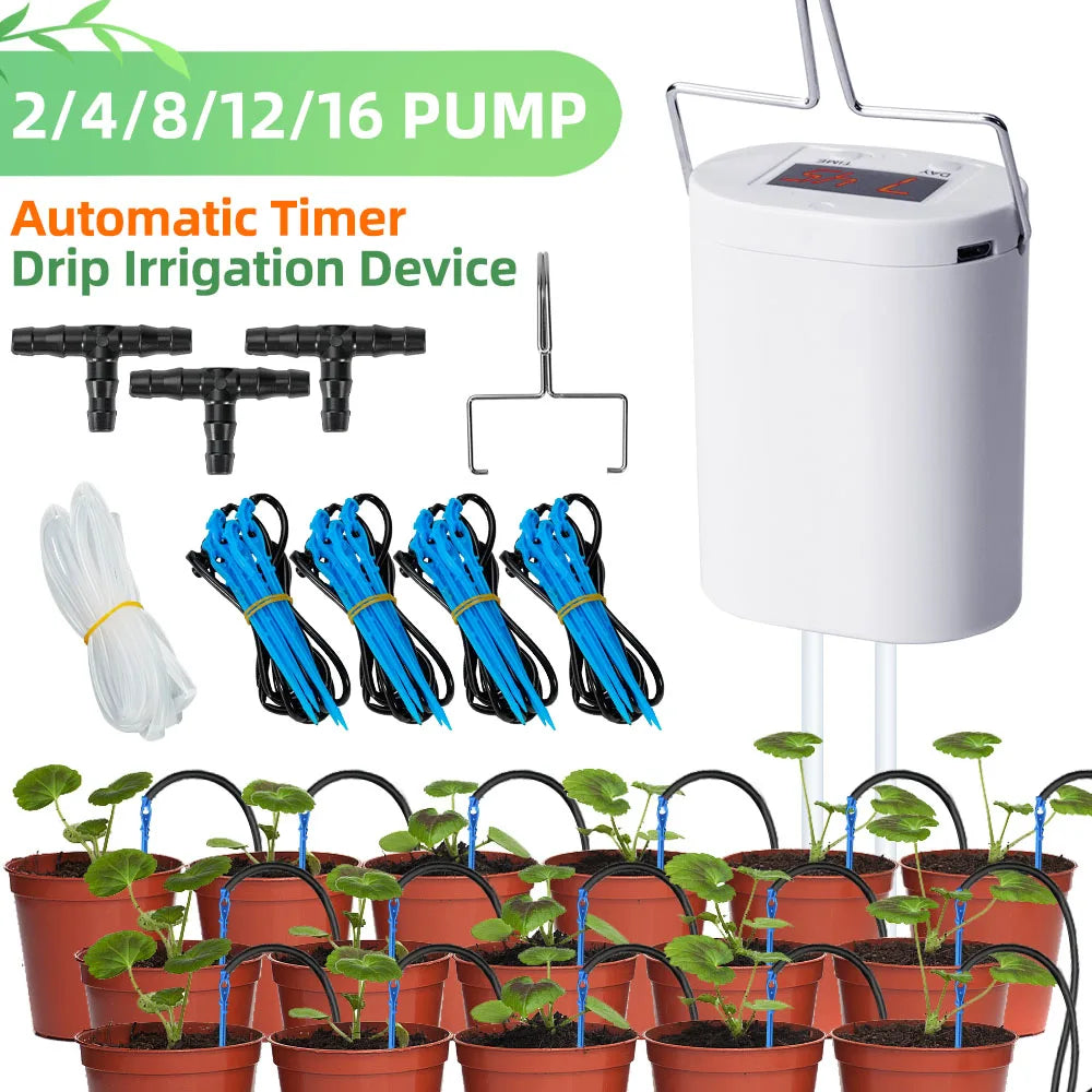 Automatic Plant Watering Pump System - Home Sprinkler Drip Irrigation Kit with Timer and 2/4/8/16 Heads for Garden and Indoor Plants