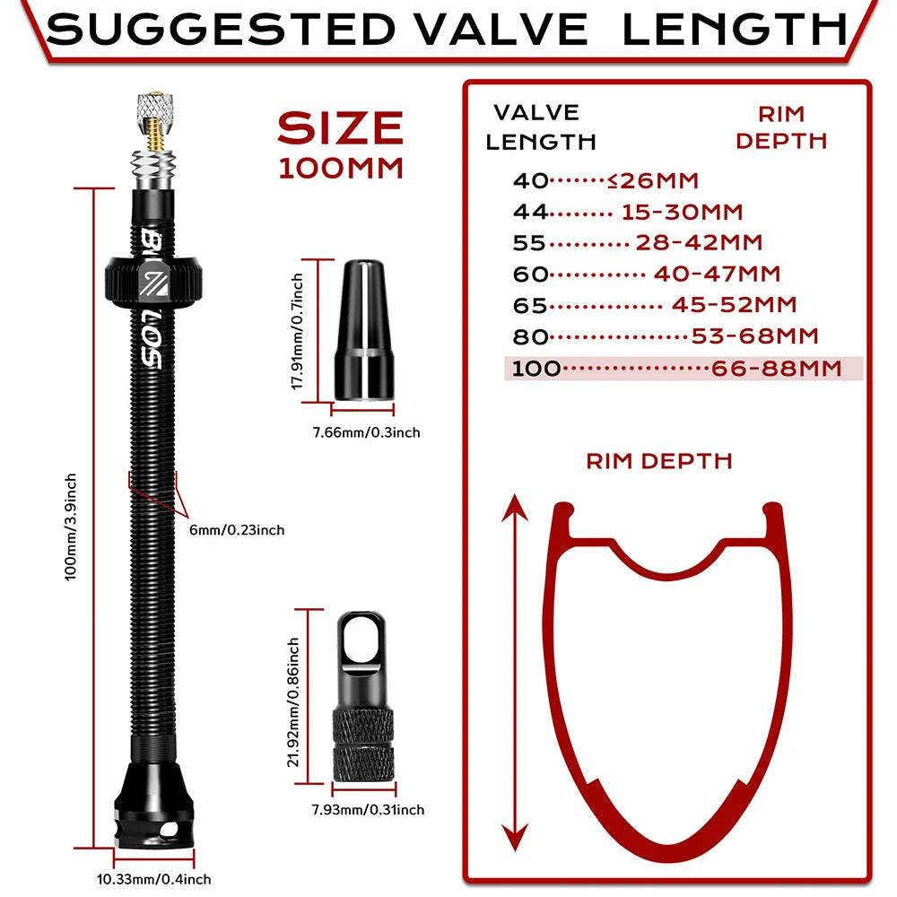 BUCKLOS Aluminum Alloy Tubeless Presta Valves – Removable Core Air Valves for Road & MTB Bikes (40-100mm Sizes)