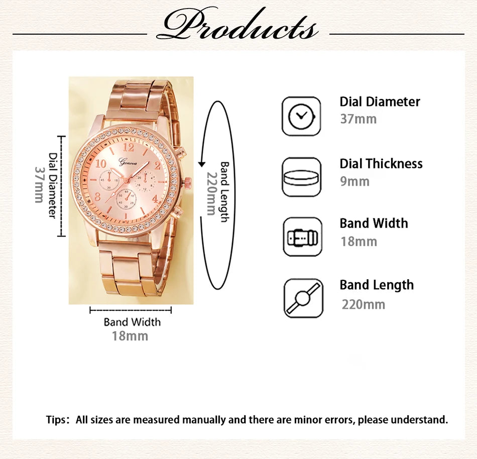 CADVAN HQ8207 Rose Gold Luxury Women's Watch Set - 6PCS Fashion Jewelry Set with Watch, Rings, Necklace, Earrings, and Bracelet