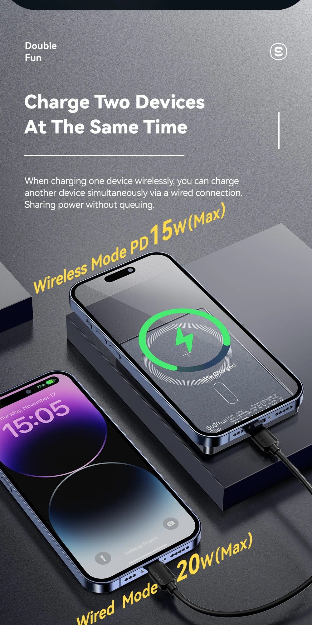 Essager Thin Wireless Magnetic Power Bank – 20W 5000mAh Portable Fast Charging External Battery for MagSafe, Compatible with iPhone 15, 14, 13, 12