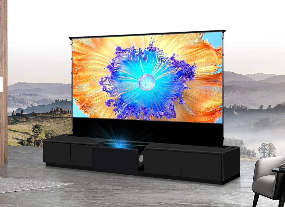 120'' Black Smart Laser TV Cabinet +UST ALR Projector Screen Motorized Floor Rising Screen for Ultra Short Throw Laser Projector