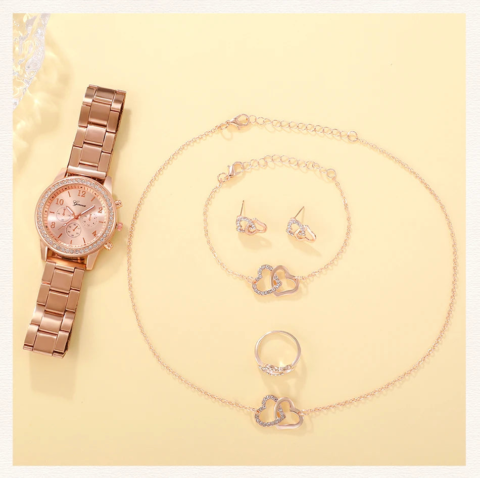 CADVAN HQ8207 Rose Gold Luxury Women's Watch Set - 6PCS Fashion Jewelry Set with Watch, Rings, Necklace, Earrings, and Bracelet