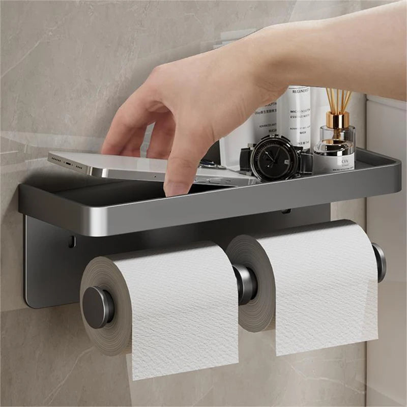 Aluminum Alloy Wall-Mounted Toilet Paper Holder with Shelf – Multi-Function Bathroom Paper & Phone Holder Towel Roll Rack