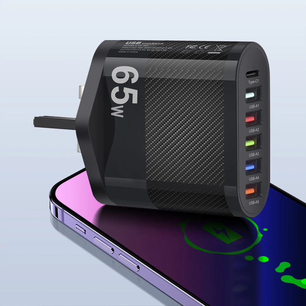 5-Port USB Wall Charger with PD & QC 3.0 – Fast Charging Hub for iPhone, Samsung, and More