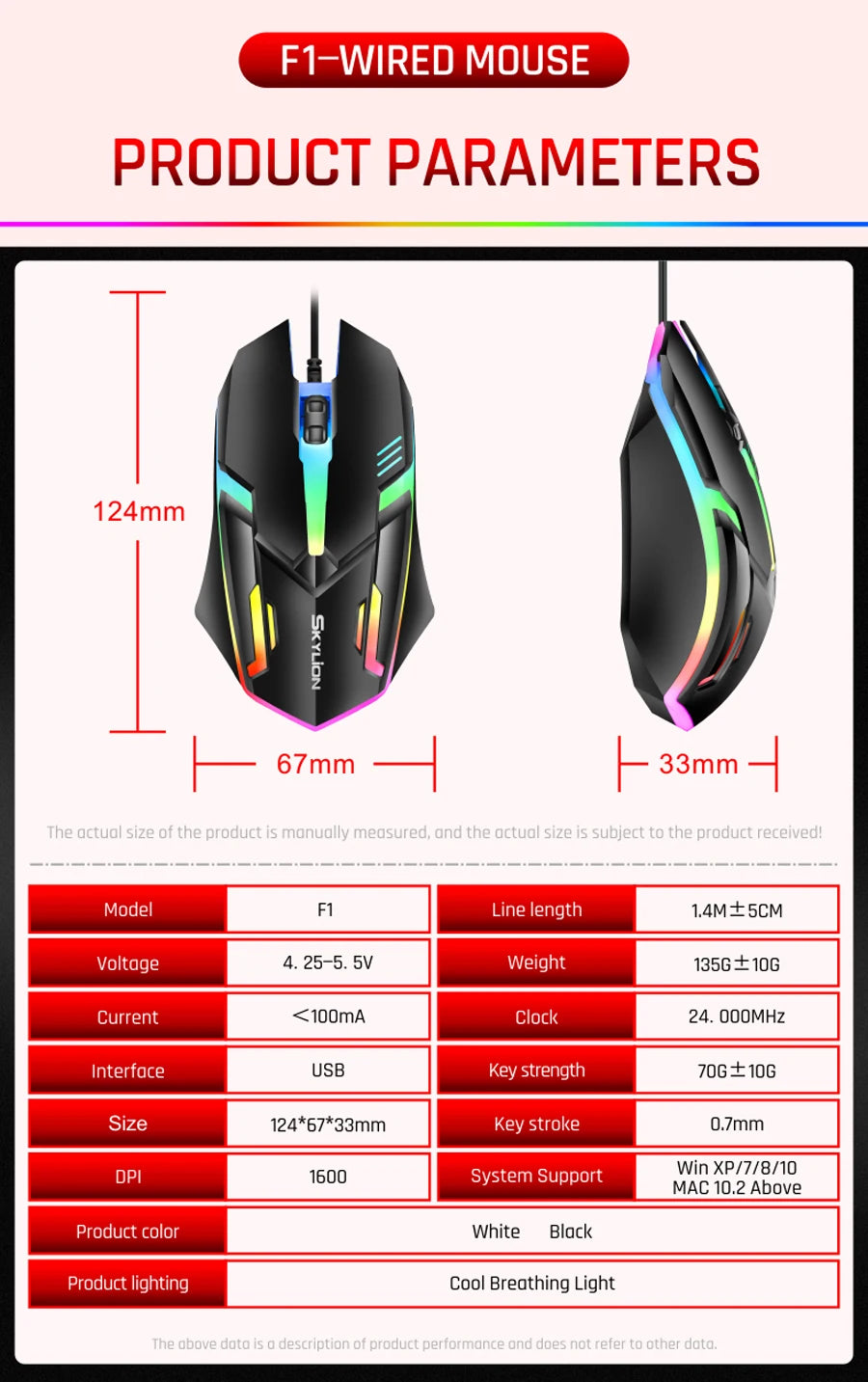 SKYLION F1 Wired 3-Button Mouse with Colorful Lighting | Gaming & Office Compatible with Windows & macOS