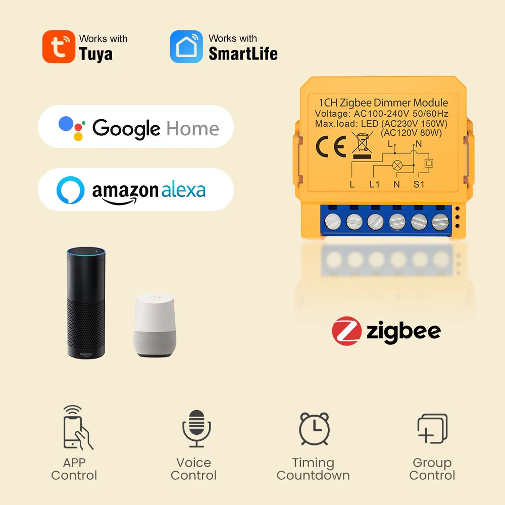 AVATTO Tuya WiFi/ZigBee Smart Dimmer Switch Module 1/2 Gang Dimmer Light Switch Module APP Remote Control For Alexa Google Home
