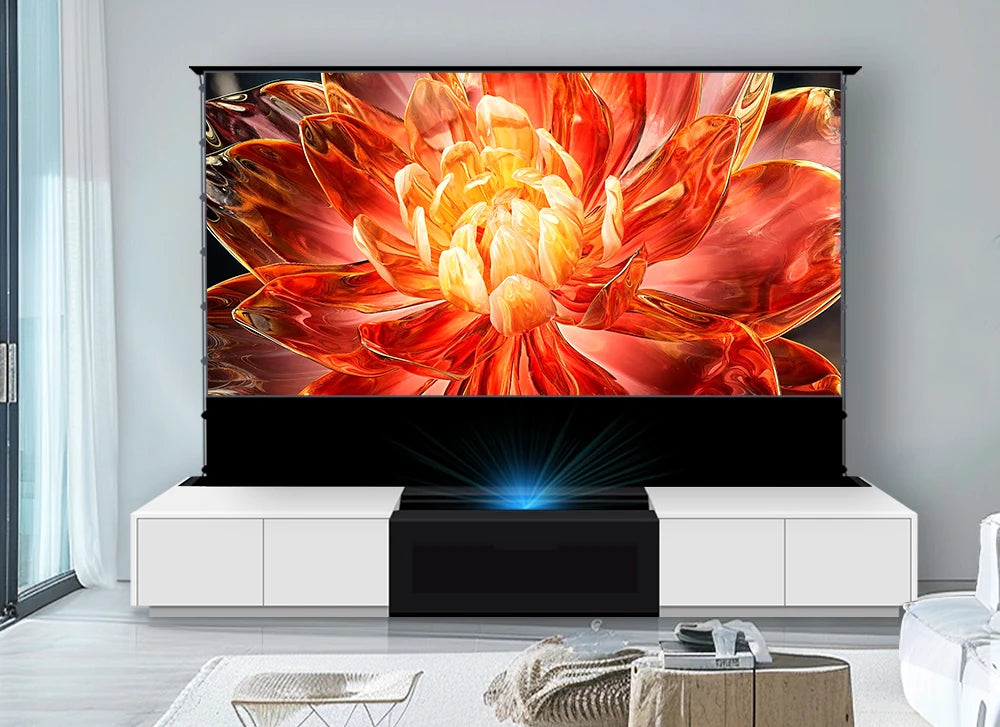 120'' Black Smart Laser TV Cabinet +UST ALR Projector Screen Motorized Floor Rising Screen for Ultra Short Throw Laser Projector