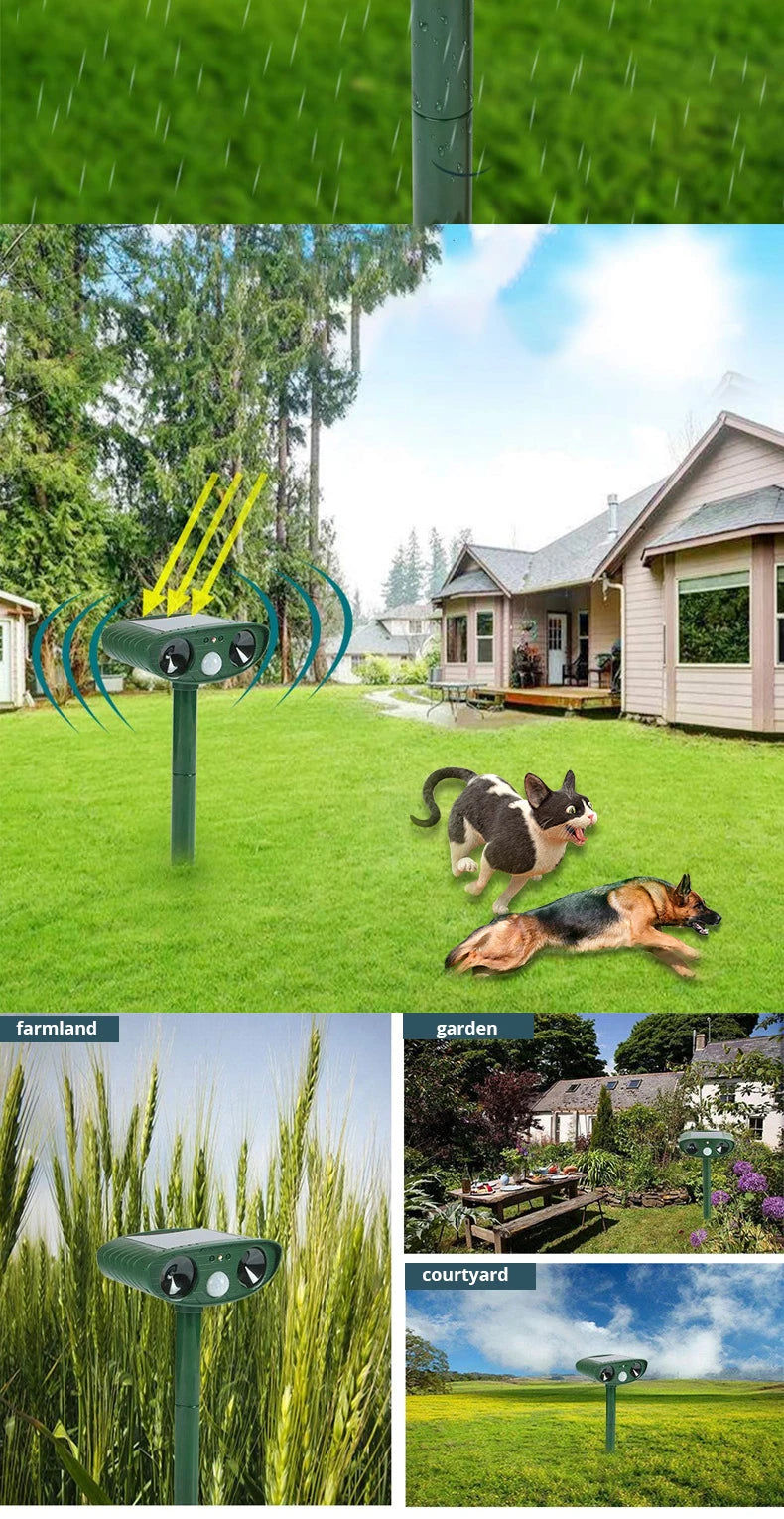 Solar-Powered Ultrasonic Animal Repellent – Rechargeable, Waterproof Cat & Dog Deterrent for Gardens, Farms, and Yards