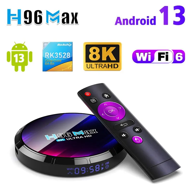 H96MAX Android TV Box | RK3528, 4K/8K Playback, WiFi 6, BT 5.0, Dual-Band 2.4G/5.8G, Android Set-Top Box