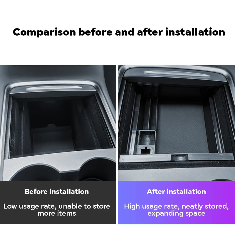 TESY Hidden Storage Box for Tesla Model Y | Flocked Center Console Organizer with Sliding Layers for Front & Rear Armrest