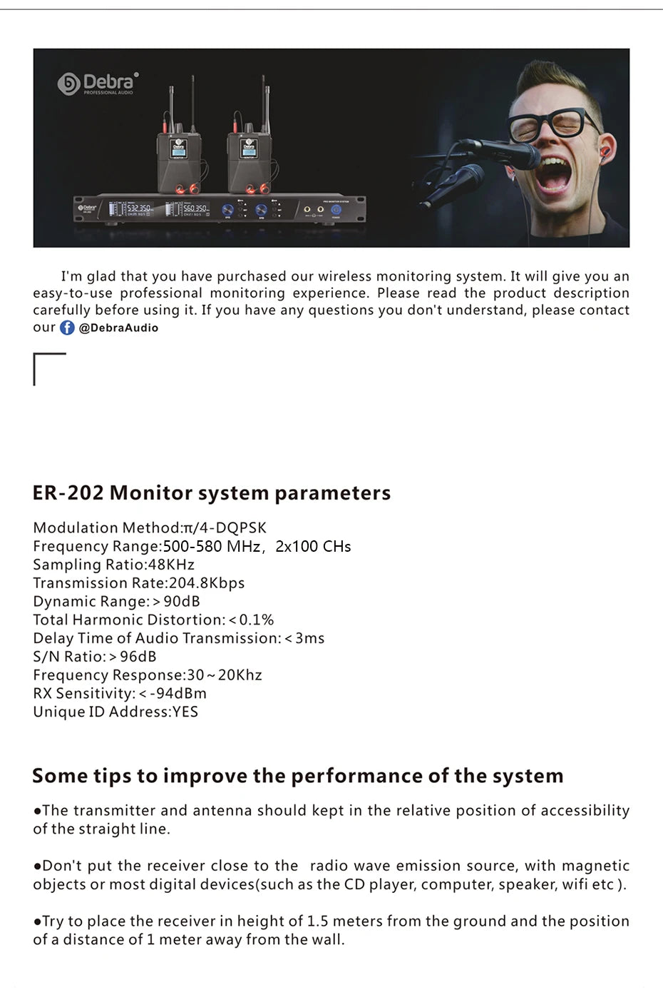 Debra ER-202 Stage Audio UHF Wireless In Ear Monitor System With Multiple Transmitter For Stage Performance Singer