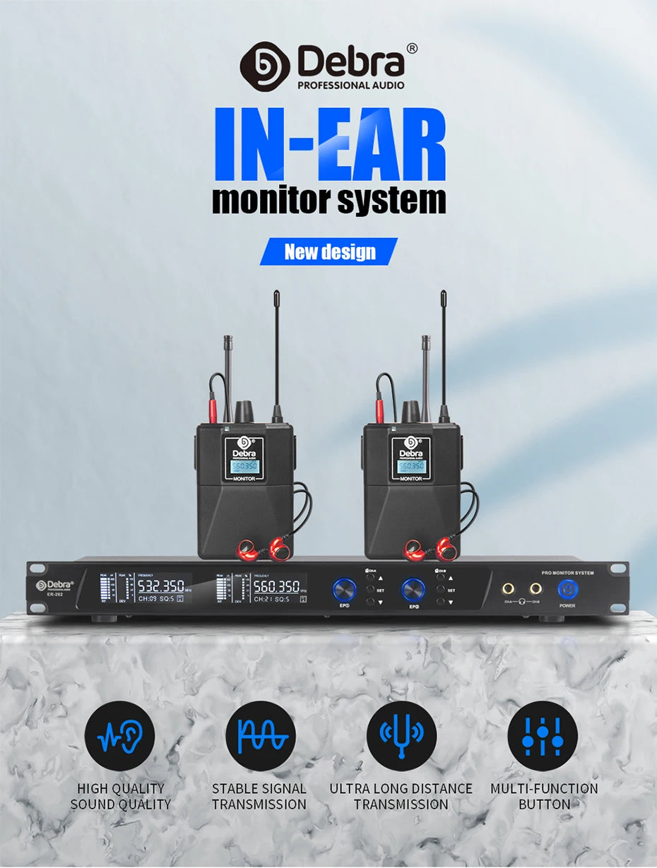 Debra ER-202 Stage Audio UHF Wireless In Ear Monitor System With Multiple Transmitter For Stage Performance Singer